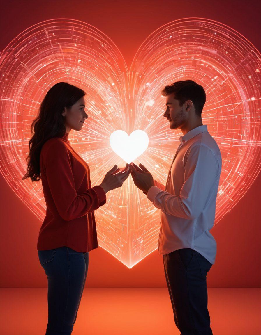 A romantic scene depicting two individuals engaged in a virtual conversation through glowing screens, surrounded by a digital heart motif. The background features symbols of intimacy such as intertwined hands and soft lighting, while elements of technology like data streams subtly intertwine. The color palette should be warm and inviting, suggesting connection and love. vibrant colors. digital art. soft focus.