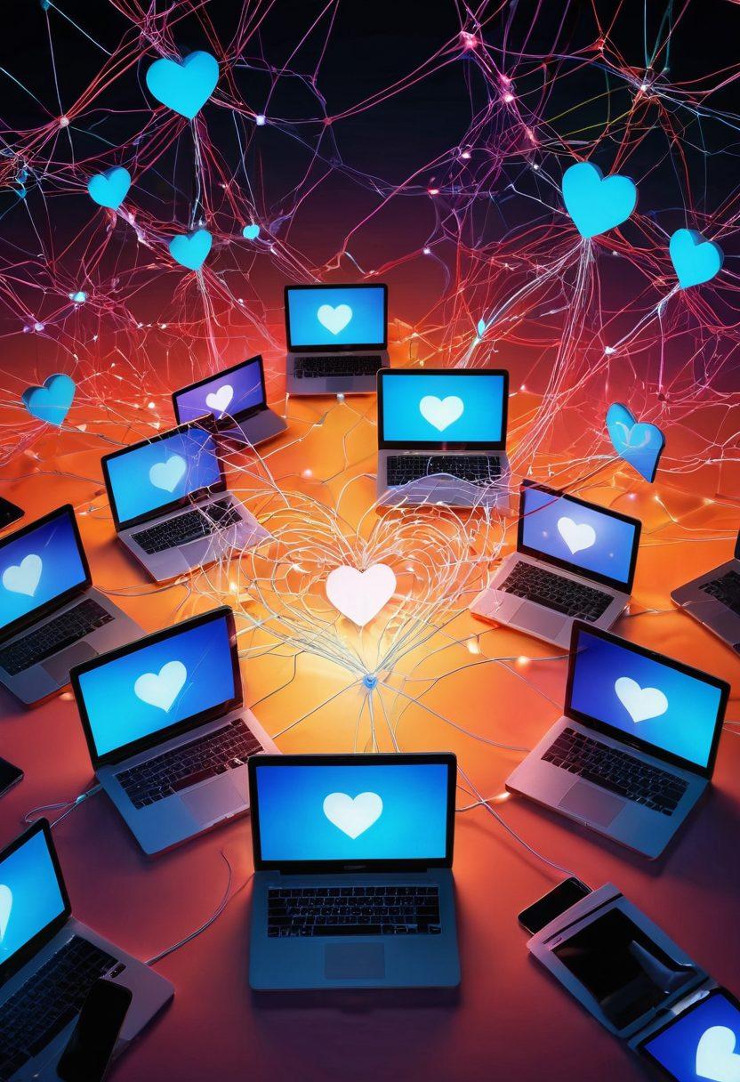 A captivating scene depicting a digital landscape intertwined with heart-shaped icons and glowing network connections, symbolizing passionate online relationships. Include a diverse group of people engaging with each other through their laptops and smartphones, exuding warmth and connection. Use vibrant colors to evoke a sense of desire and intimacy, with a soft, dreamy background. super-realistic. vibrant colors. 3D.
