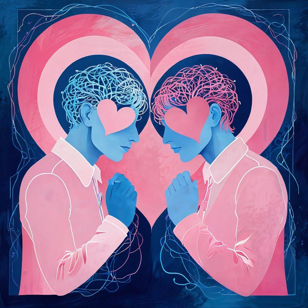 An abstract representation of a mature couple exploring the complexities of online interactions, blending elements of desire and affection through interwoven hearts and digital symbols. Soft hues of blue and pink with glowing accents symbolize connection and intimacy. The background features subtle hints of circuitry to represent the online environment. Focus on emotional depth and warmth, inviting the viewer into the narrative. super-realistic. vibrant colors. abstract.